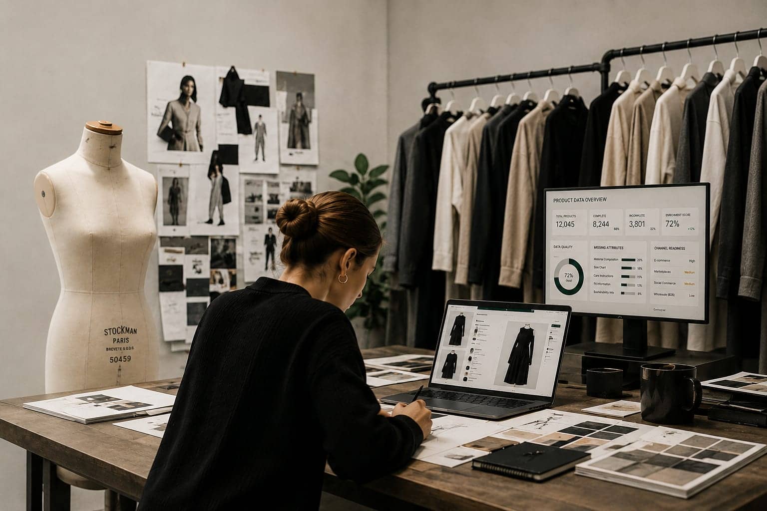 Professionnelle de la mode travaillant sur des données produit et des outils numériques.