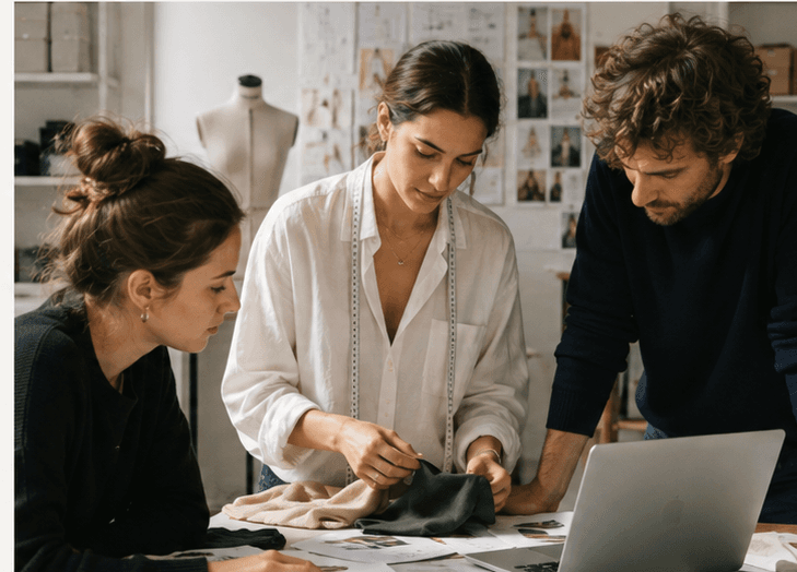 Une équipe pluridisciplinaire de la mode et de la tech collaborant sur un projet.