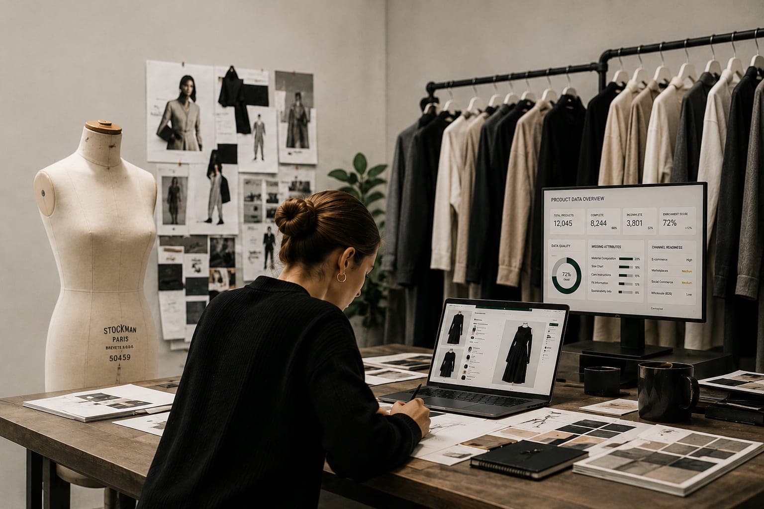 Professionnel de la mode travaillant avec des données produit et des outils digitaux mode.