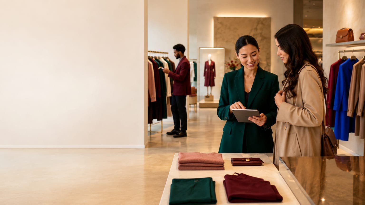 Conseillère de vente en boutique de luxe utilisant une tablette pour accompagner une cliente.